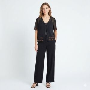 Studio I Chiffon Cardigan Women M Black Leaf Print Lightweight Layered Cover Up